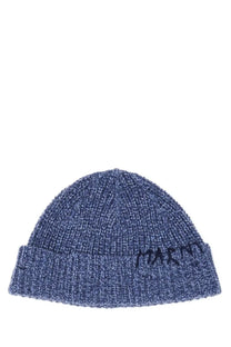 Blue heathered knit beanie with ribbed cuff and dark blue marni embroidery on the front for women