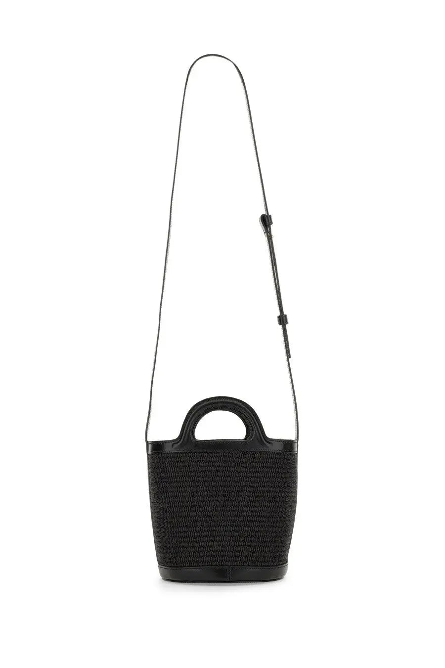 Marni womens borsa tropicalia micro black woven bucket bag with sleek leather handle and shoulder strap