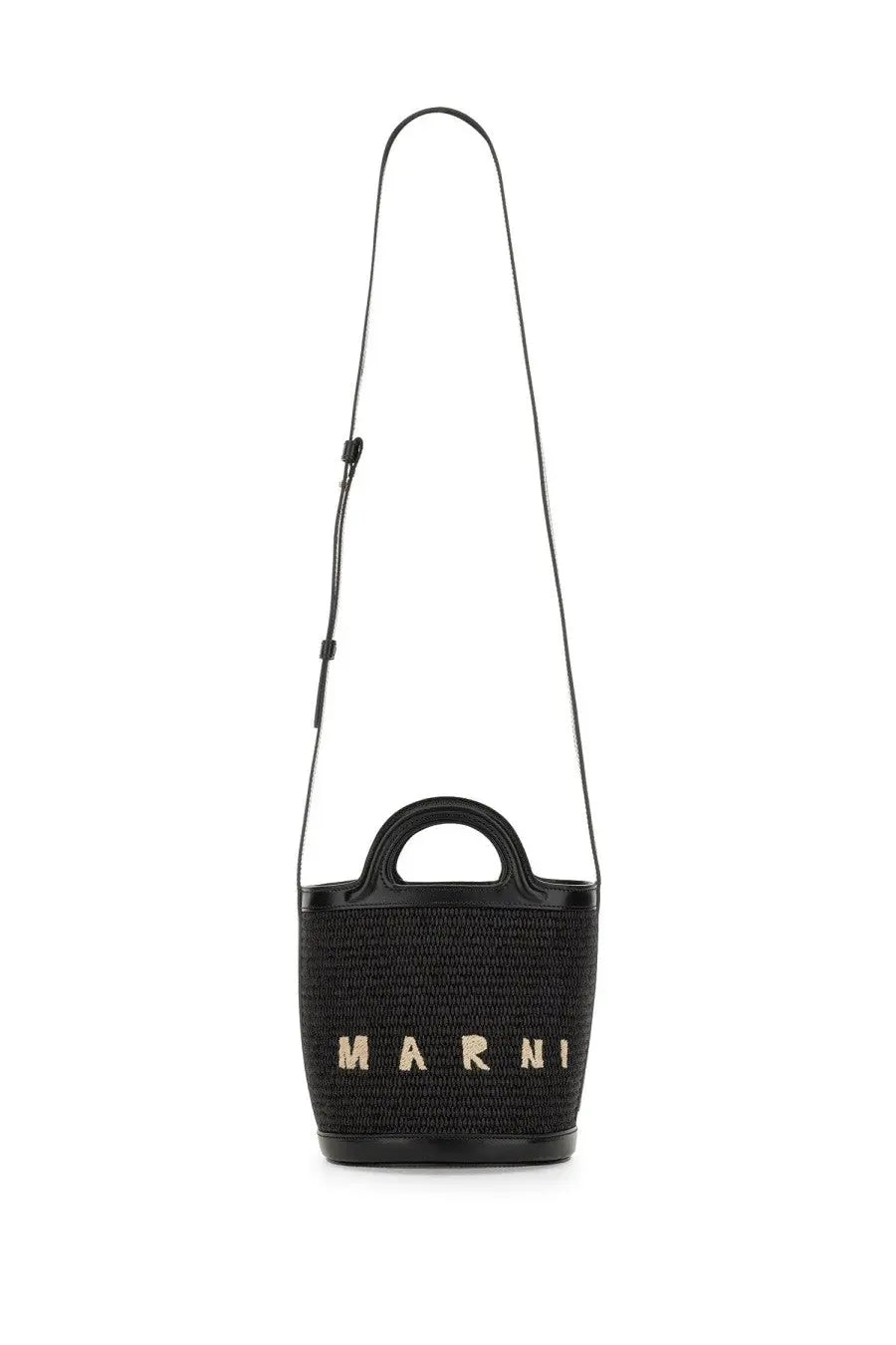 Marni women’s borsa tropicalia micro black woven straw bucket bag with black leather trim and gold logo detailing