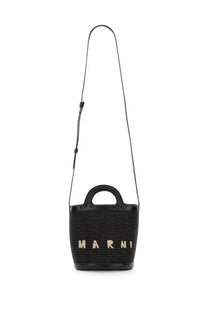Marni women’s borsa tropicalia micro black woven straw bucket bag with black leather trim and gold logo detailing