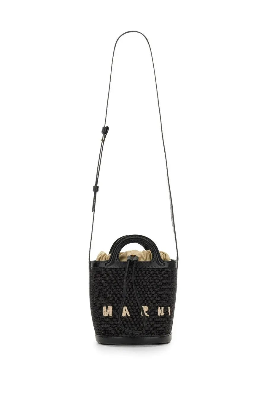 Marni women’s black woven straw bucket bag with black leather trim and beige marni logo on the front