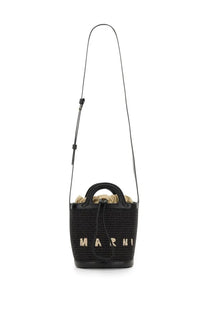 Marni women’s black woven straw bucket bag with black leather trim and beige marni logo on the front