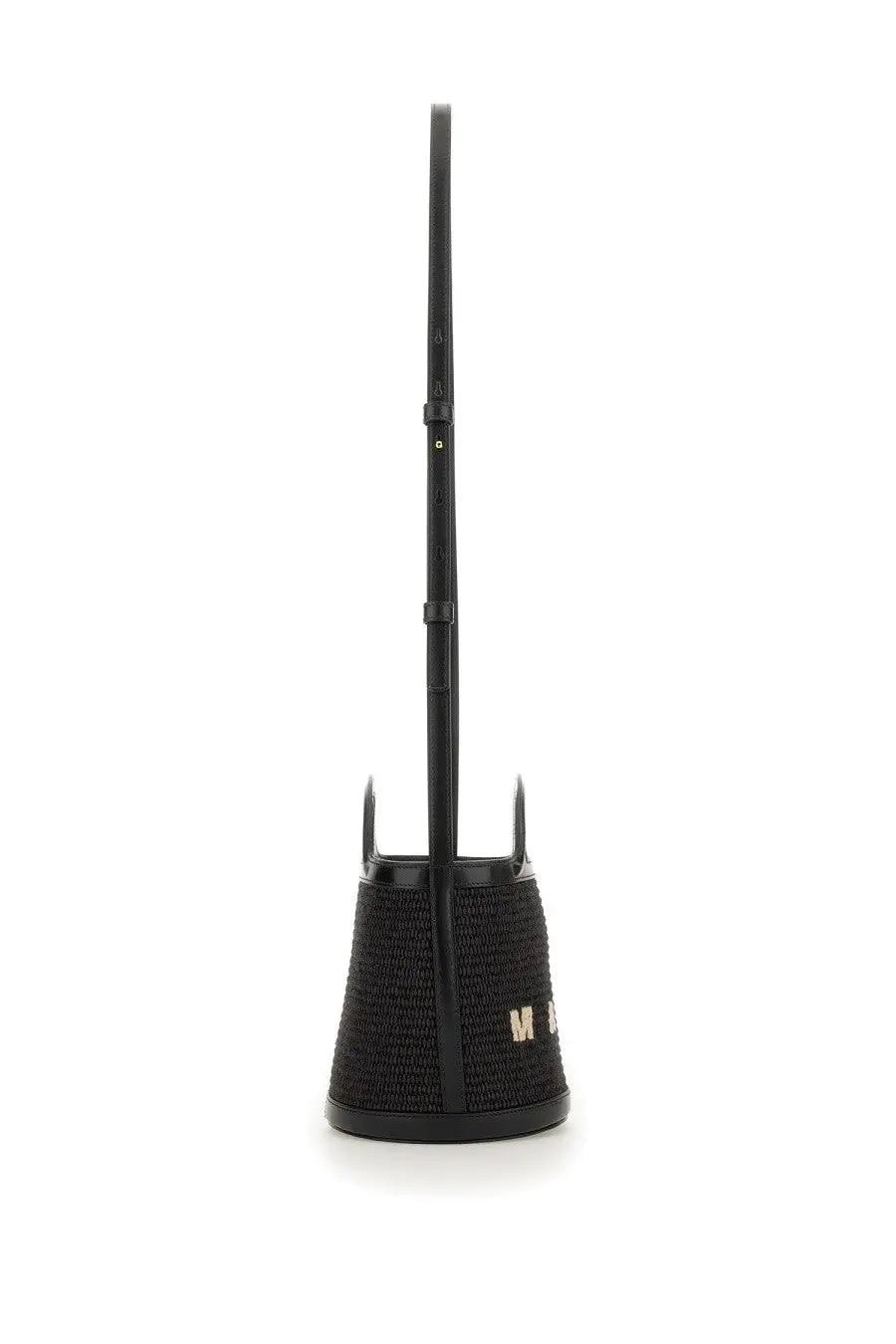 Marni women’s borsa tropicalia micro black woven straw bucket bag with tall slender handle and gold-tone logo detailing
