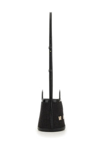 Marni women’s borsa tropicalia micro black woven straw bucket bag with tall slender handle and gold-tone logo detailing