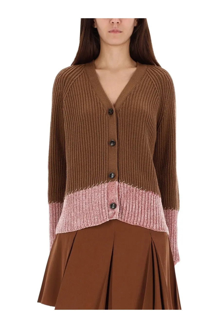 Marni women’s brown ribbed knit cardigan with v-neck, button closure, and pink color block hem