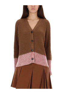 Marni women’s brown ribbed knit cardigan with v-neck, button closure, and pink color block hem