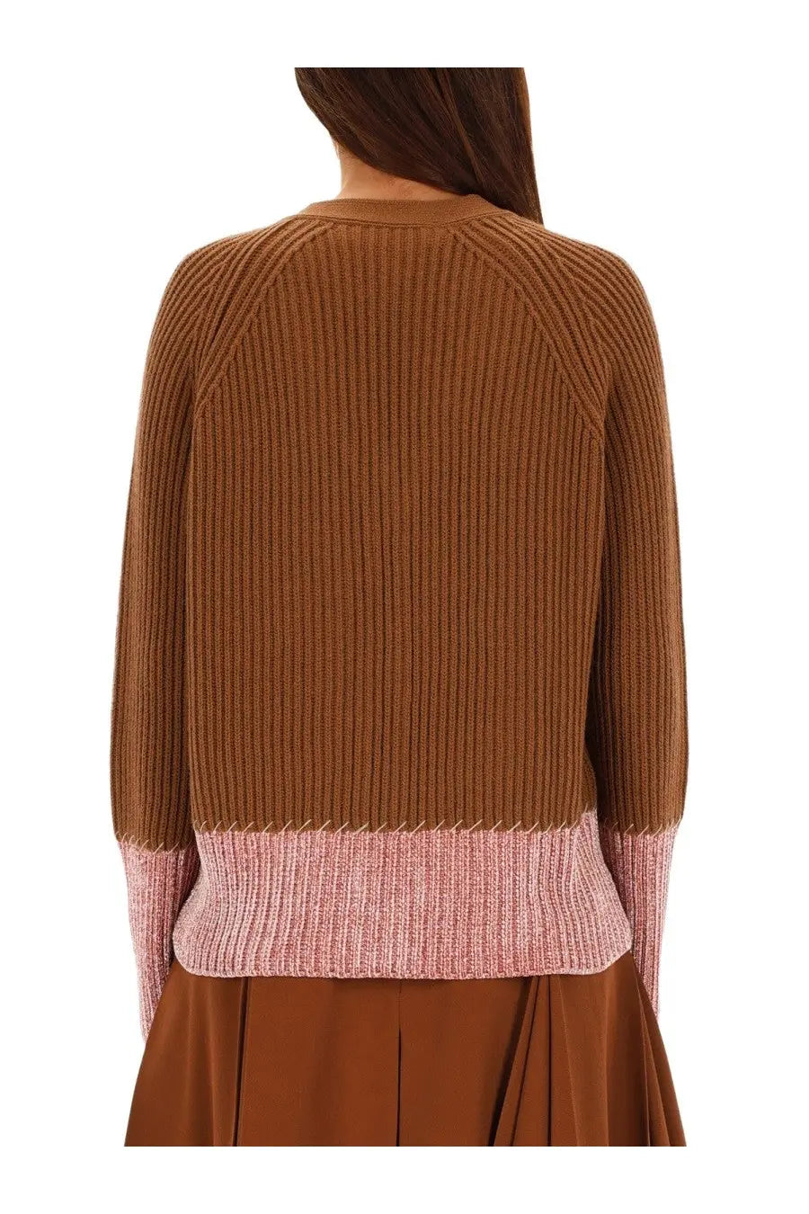 Marni women’s cardigan brown ribbed knit sweater with brown and pink color-blocked hem detail