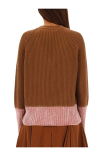 Marni women’s cardigan brown ribbed knit sweater with brown and pink color-blocked hem detail