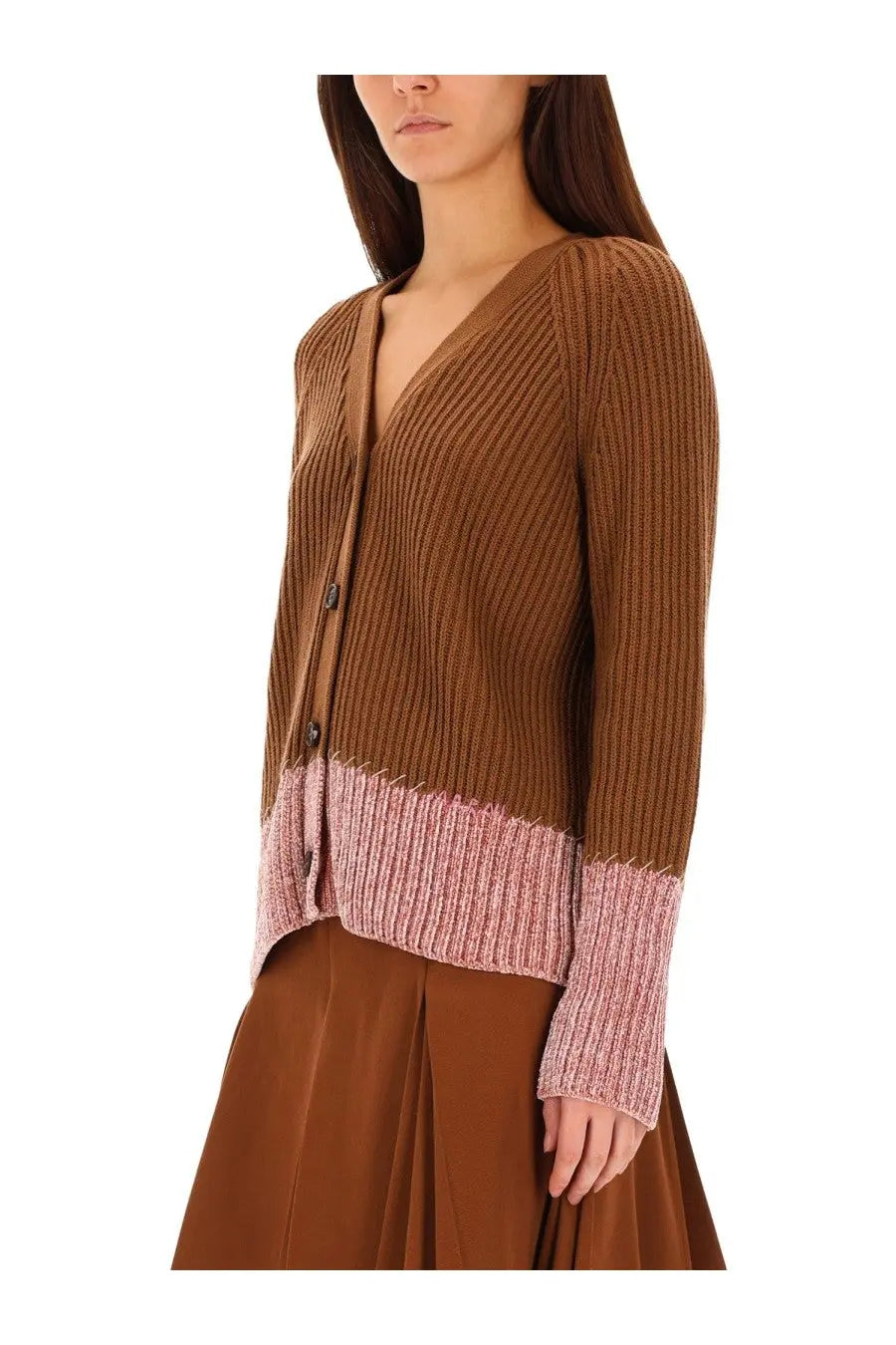 Marni women’s brown ribbed knit cardigan with contrasting pink textured hem and cuffs