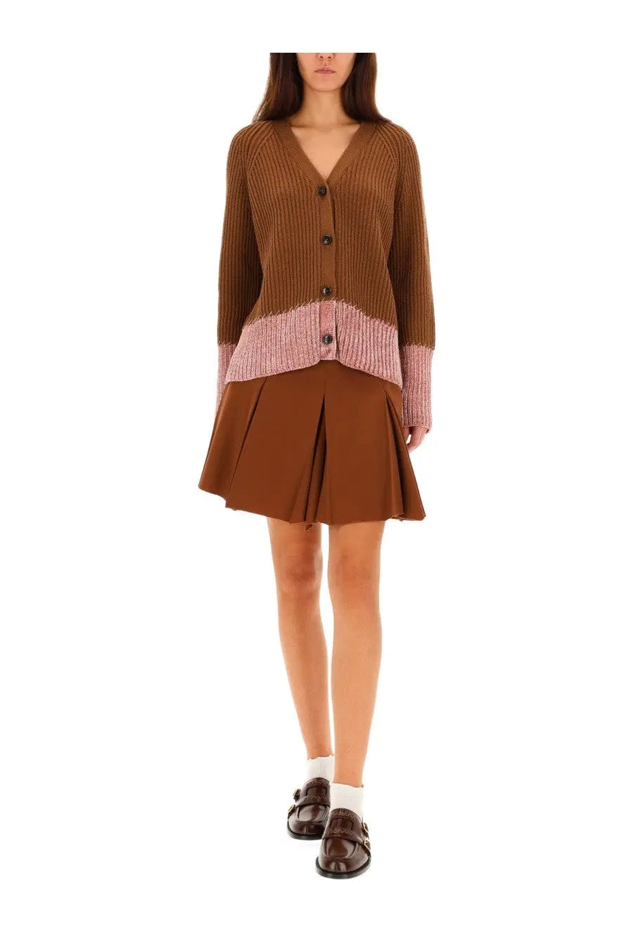 Marni women’s cardigan brown ribbed knit with pink contrast panel at waist and cuffs