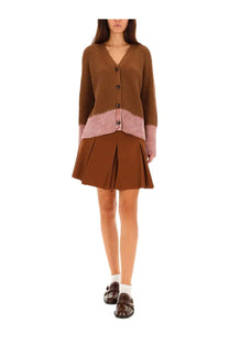 Marni women’s cardigan brown ribbed knit with pink contrast panel at waist and cuffs