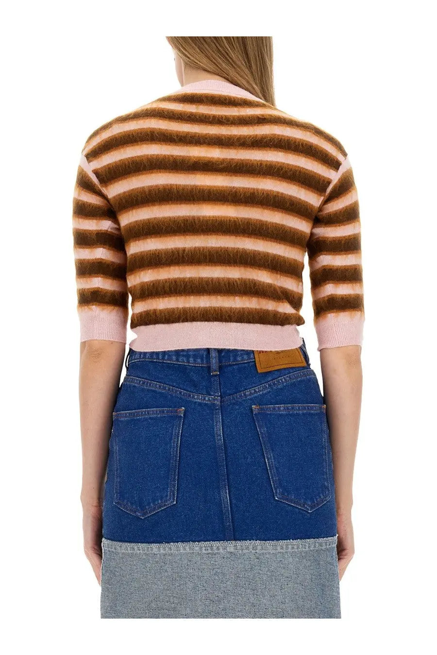 Marni women’s cropped fuzzy knit cardigan with horizontal brown and peach stripes in multicolor yarn