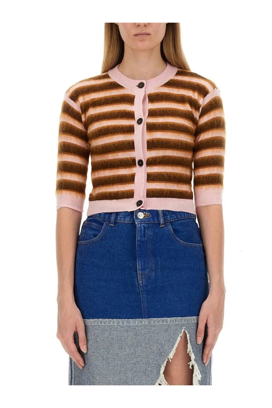 Marni women’s cropped three-quarter sleeve cardigan with brown and pink horizontal stripes and black buttons
