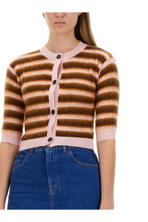 Marni women’s multicolor soft fuzzy knit cardigan with brown and blush pink stripes and black buttons down the front