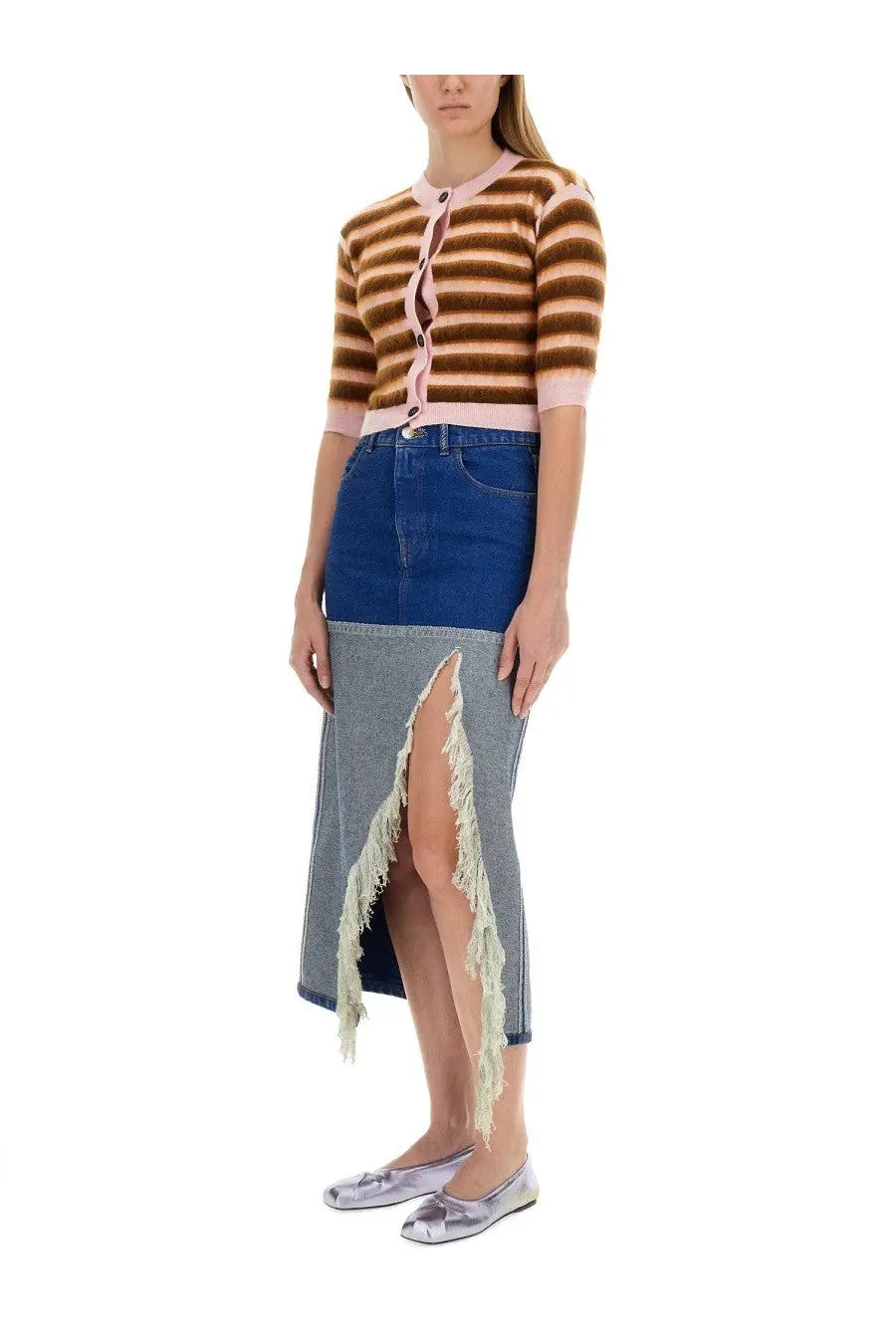 A stylish denim midi skirt with deep blue and gray color-block design and a frayed slit paired with marni women’s multicolor cardigan