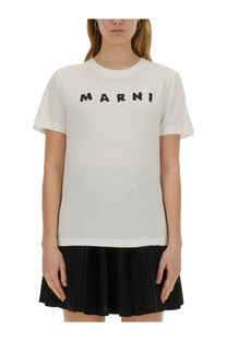 White marni women’s cotton t-shirt with black embroidered logo across the chest