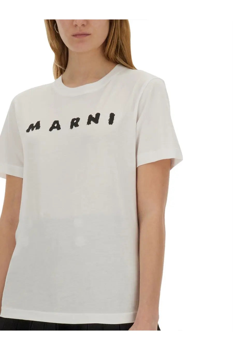 White marni women’s cotton t-shirt with black embroidered logo across the chest