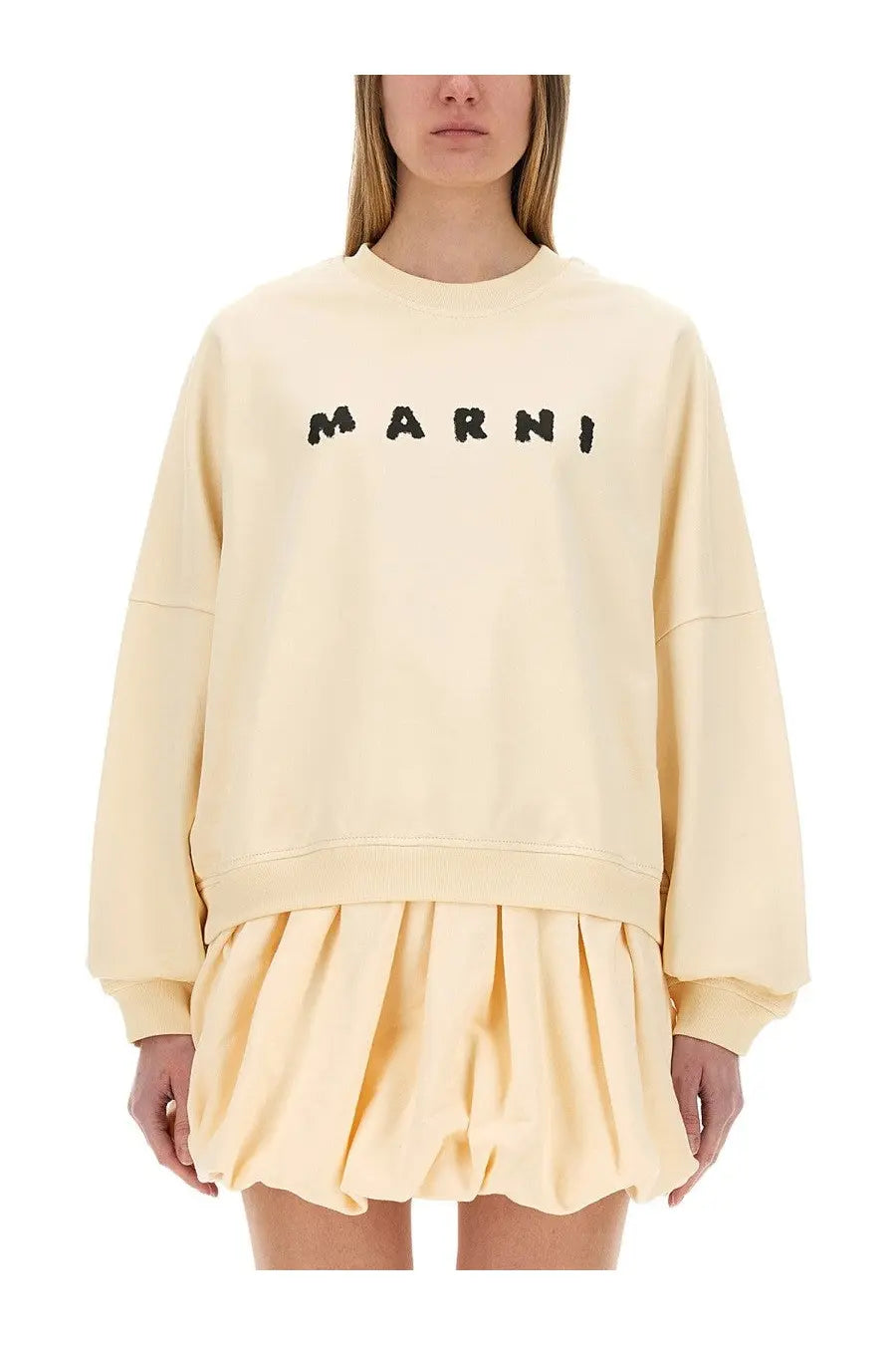 Cream-colored marni women’s cotton sweatshirt with black embroidered logo across the chest