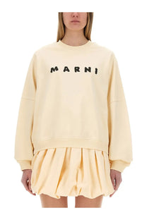 Cream-colored marni women’s cotton sweatshirt with black embroidered logo across the chest