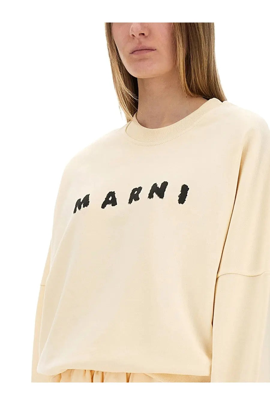 Cream-colored Marni womens cotton sweatshirt with black embroidered logo across the chest in white tone