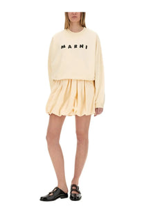 Cream-colored marni oversized cotton sweatshirt with black embroidered logo for women in white shade