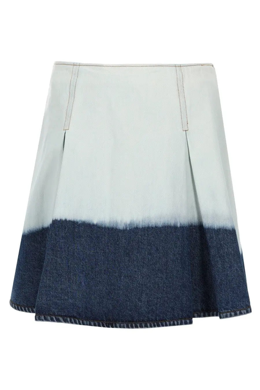 Marni women’s denim midi skirt in white with a gradient fade from light blue to dark indigo and pleated design