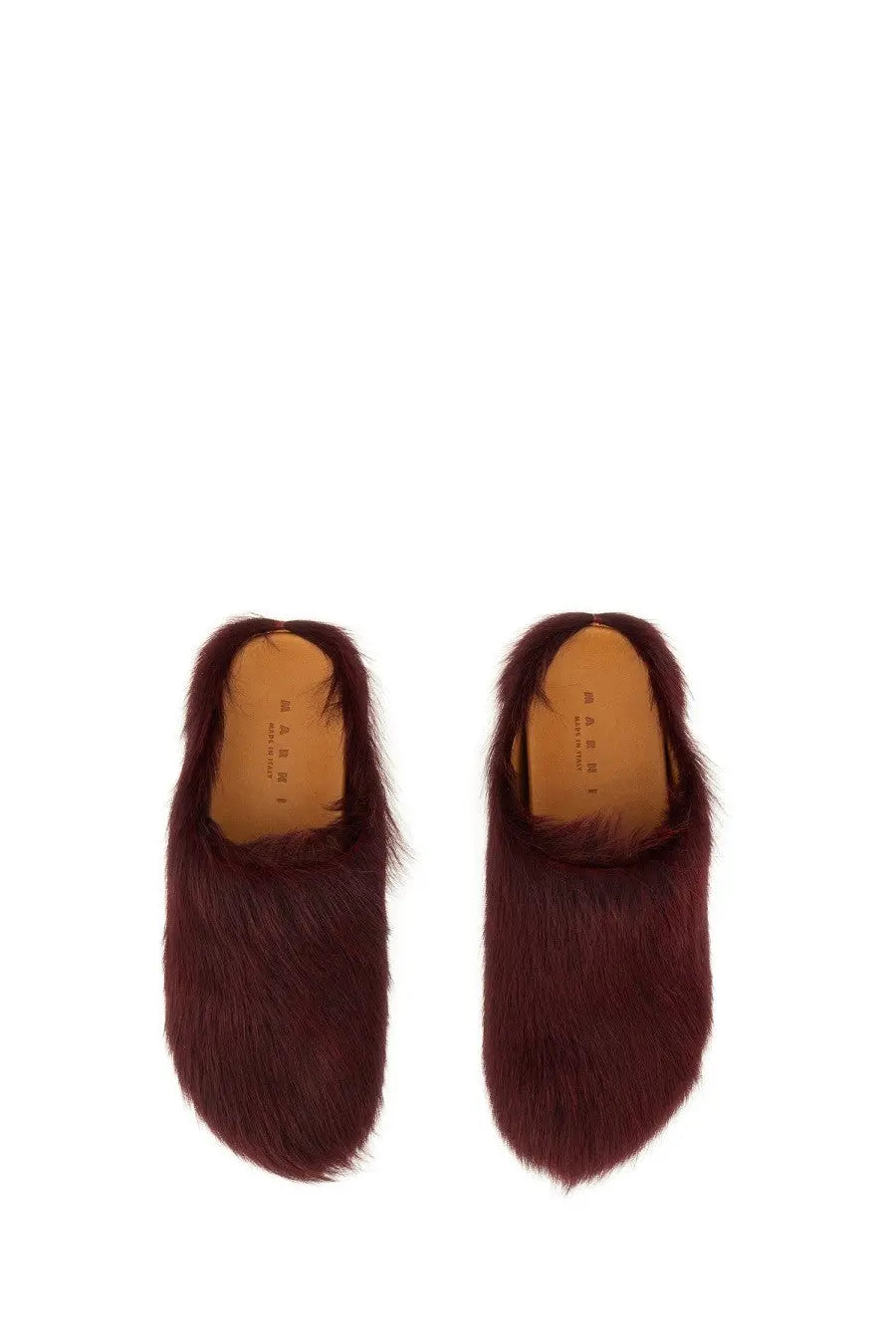 Marni women’s fussbett sabot red burgundy faux fur mules with soft plush texture and tan leather lining