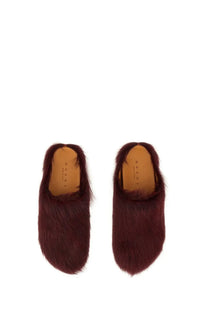 Marni women’s fussbett sabot red burgundy faux fur mules with soft plush texture and tan leather lining