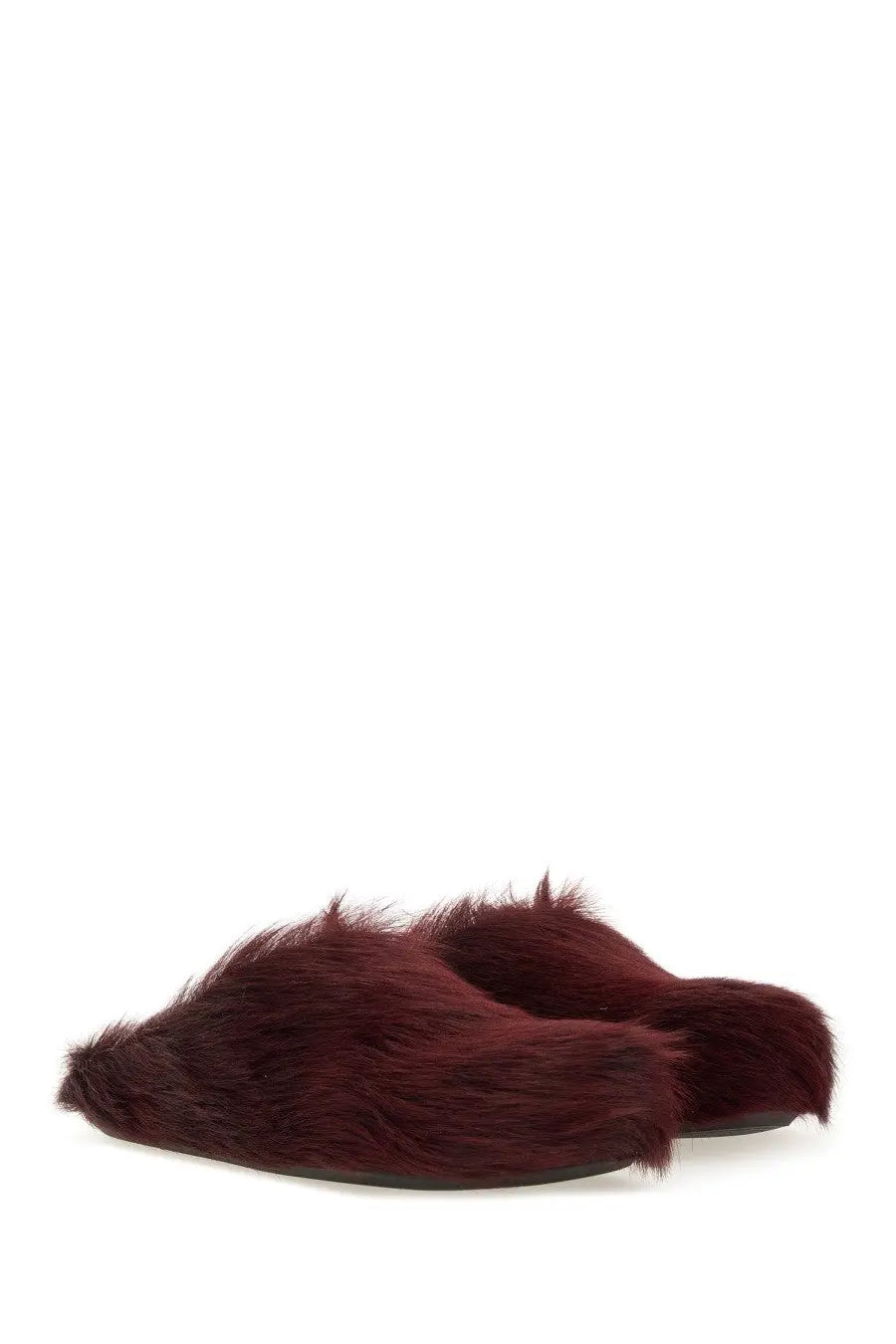 Marni women’s fussbett sabot red maroon faux fur mule slippers with plush texture and sleek black sole