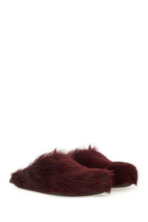 Marni women’s fussbett sabot red maroon faux fur mule slippers with plush texture and sleek black sole