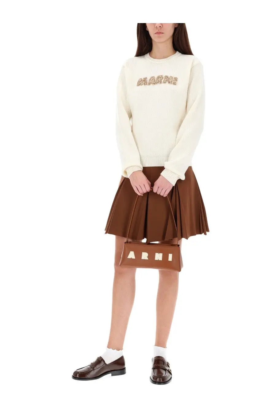 Brown leather mini handbag with gold-tone army lettering front for marni women’s jersey white collection
