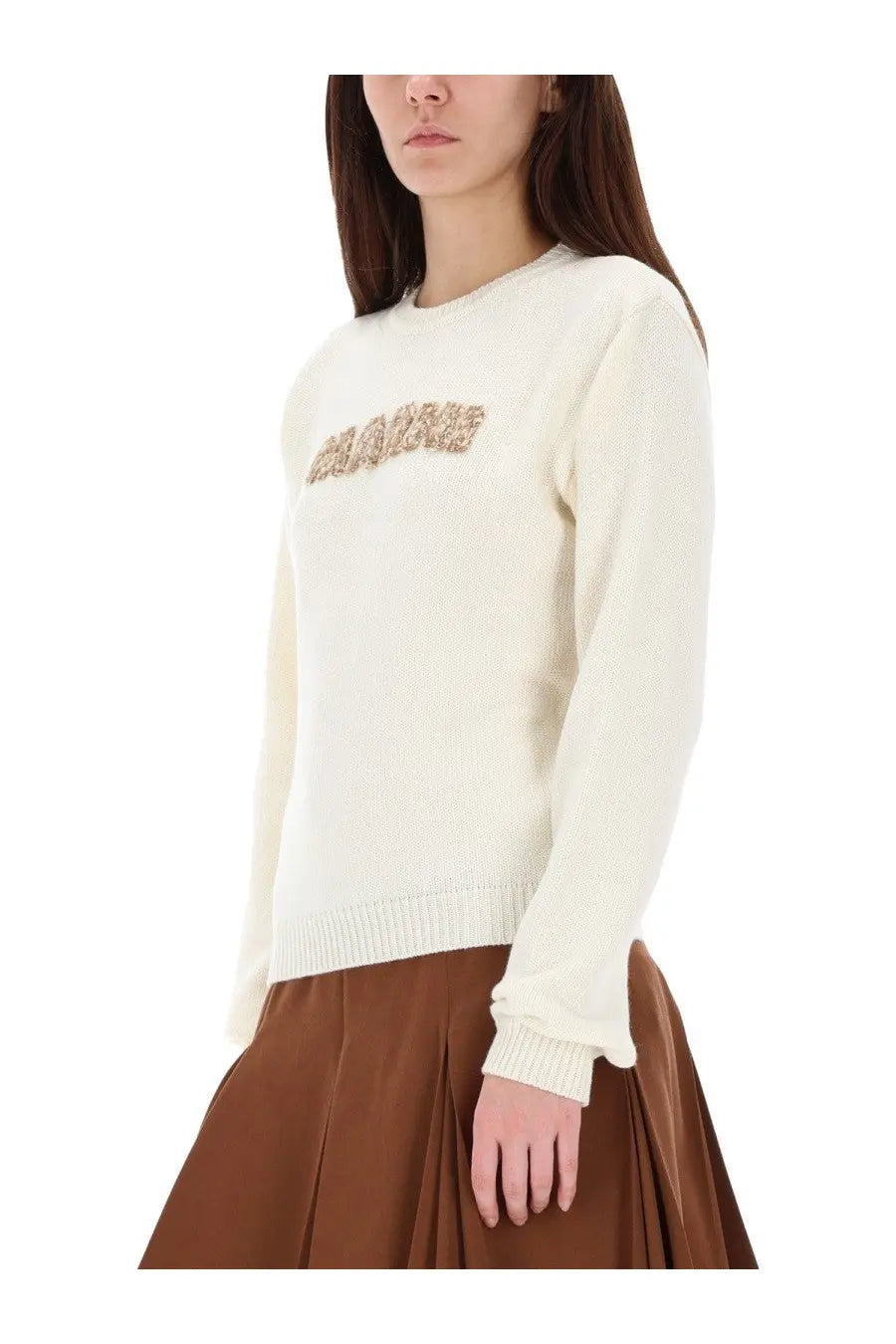 Marni women’s cream-colored knit sweater with textured gold embellishment on chest in jersey white material