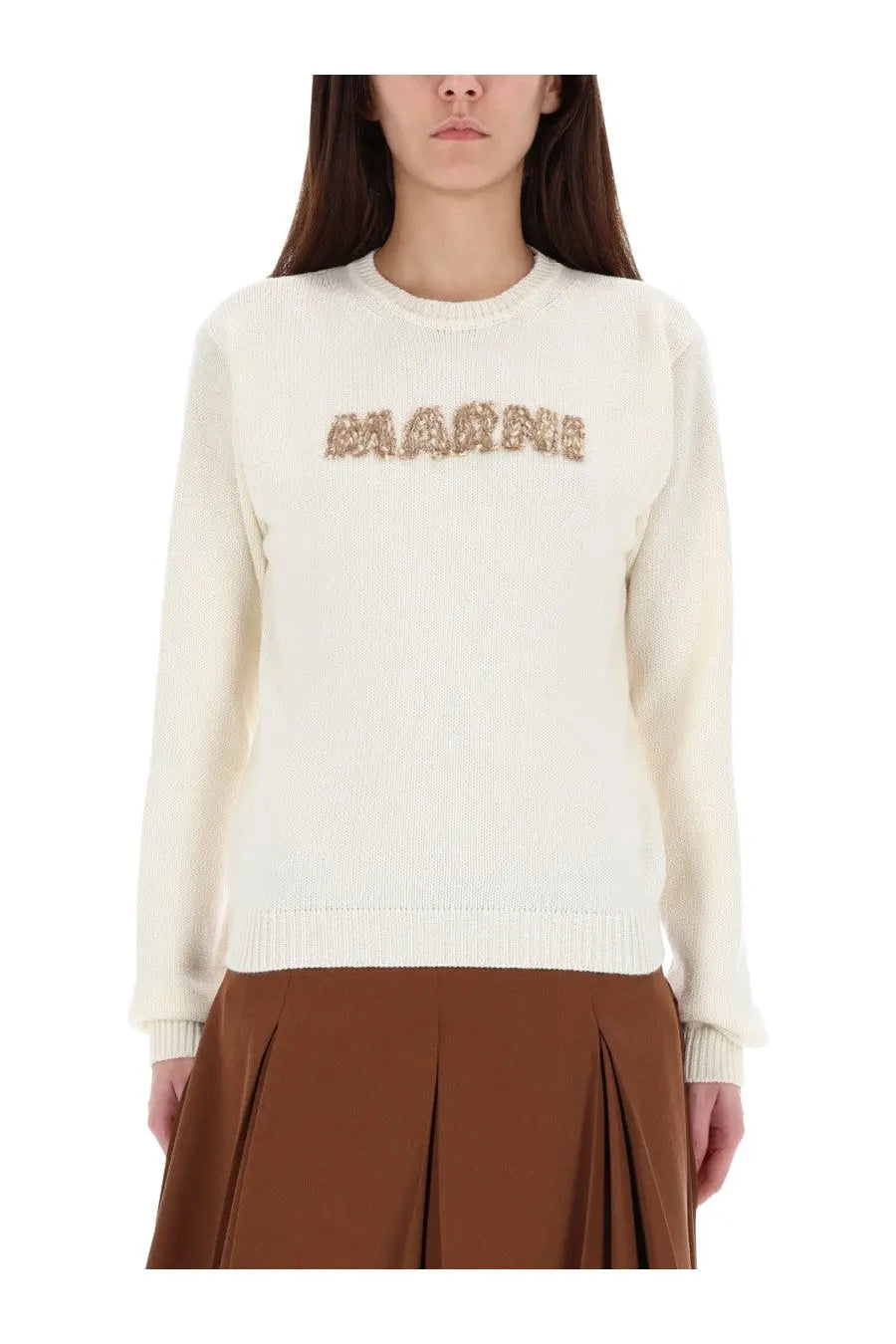 Cream-colored knit sweater by Marni with marine embroidered in textured earth tones on the chest