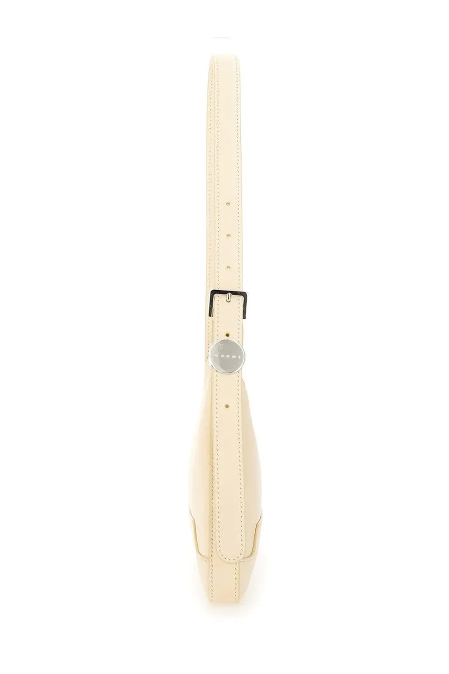 Marni women’s beige cream-colored leather shoulder bag with sleek minimalist design and silver-toned logo plaque