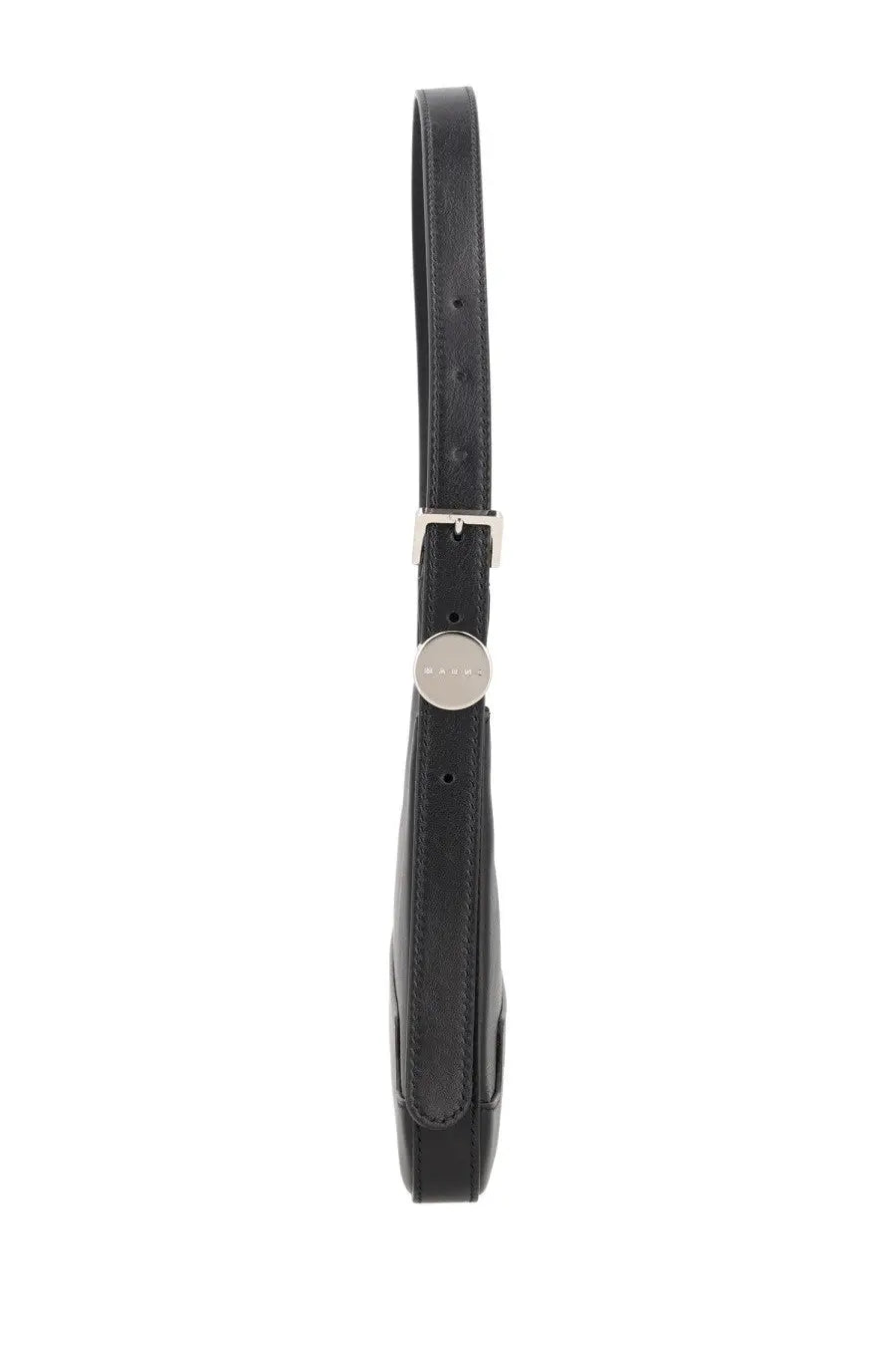 Marni women’s black leather shoulder bag with silver-tone circular logo plaque and adjustable strap