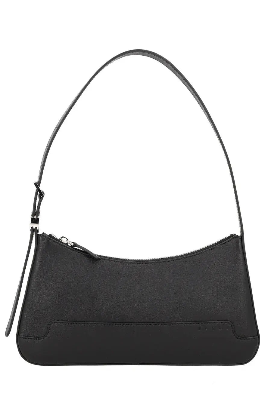 Marni women’s black leather shoulder bag with sleek minimalist design and silver-toned zipper hardware