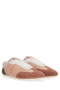 Marni women’s leather sneaker beige with blush pink and brown suede, white laces, and subtle red marni logo on the side