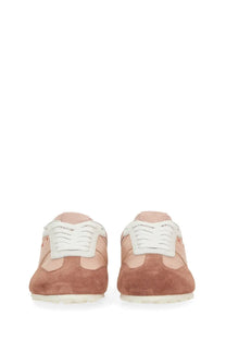 Marni women’s leather sneaker beige in dusty rose suede and leather with white laces and low-top design