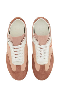 Pair of marni women’s leather sneakers in muted pink and beige suede with white laces and accents