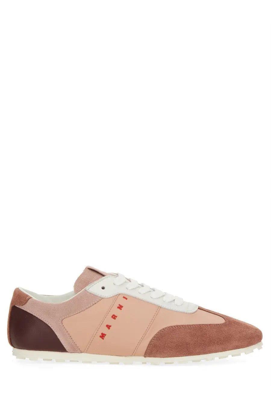 Marni women’s leather sneaker in beige with pink and brown suede low-top design white laces and sole