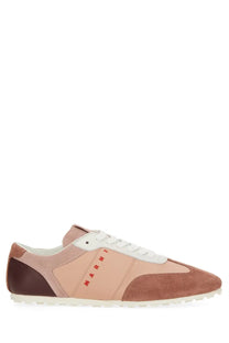 Marni women’s leather sneaker in beige with pink and brown suede low-top design white laces and sole
