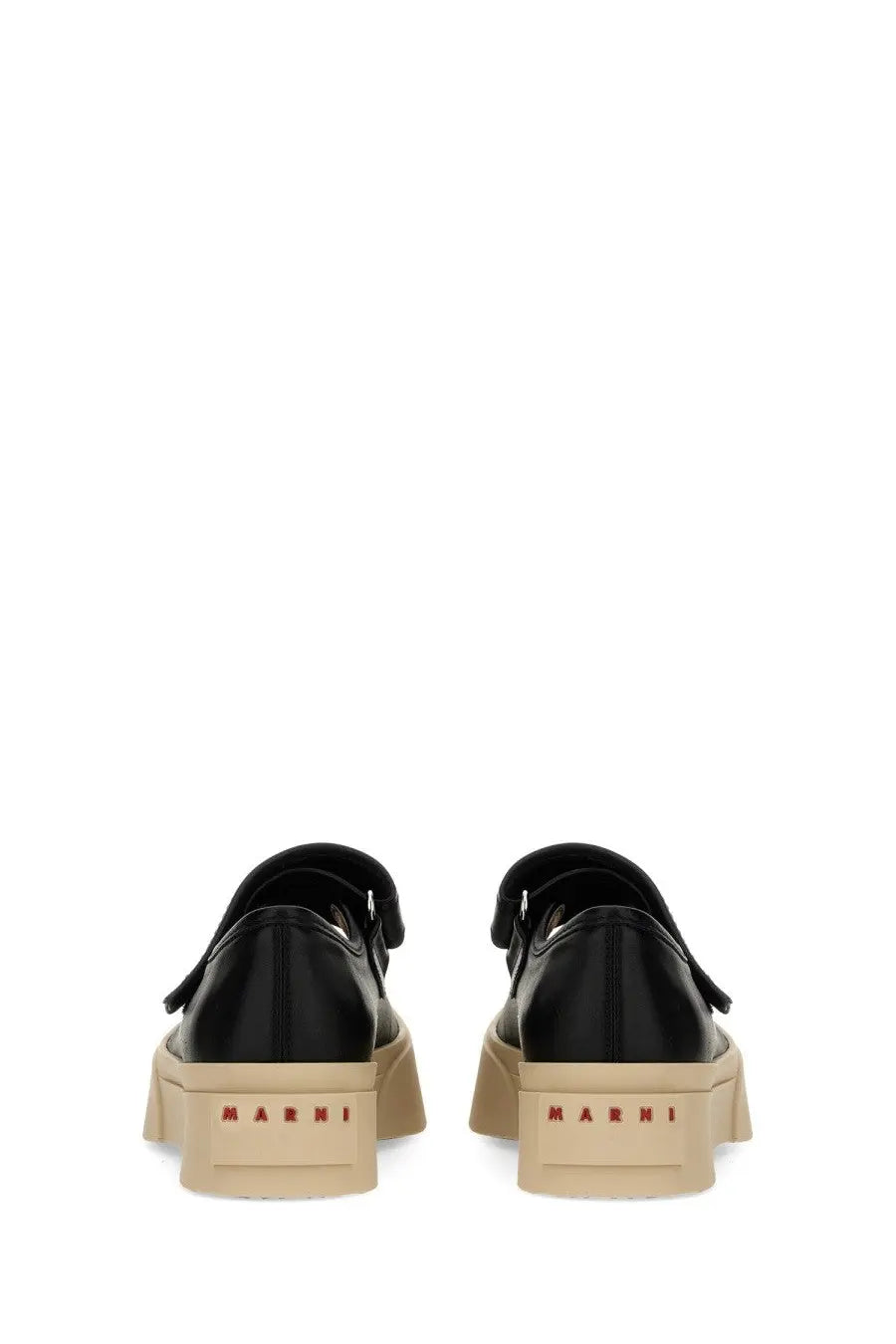 Marni women’s mary jane sneaker black with black leather platform, beige soles, and red branding