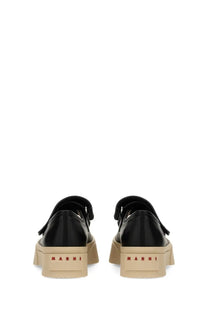 Marni women’s mary jane sneaker black with black leather platform, beige soles, and red branding
