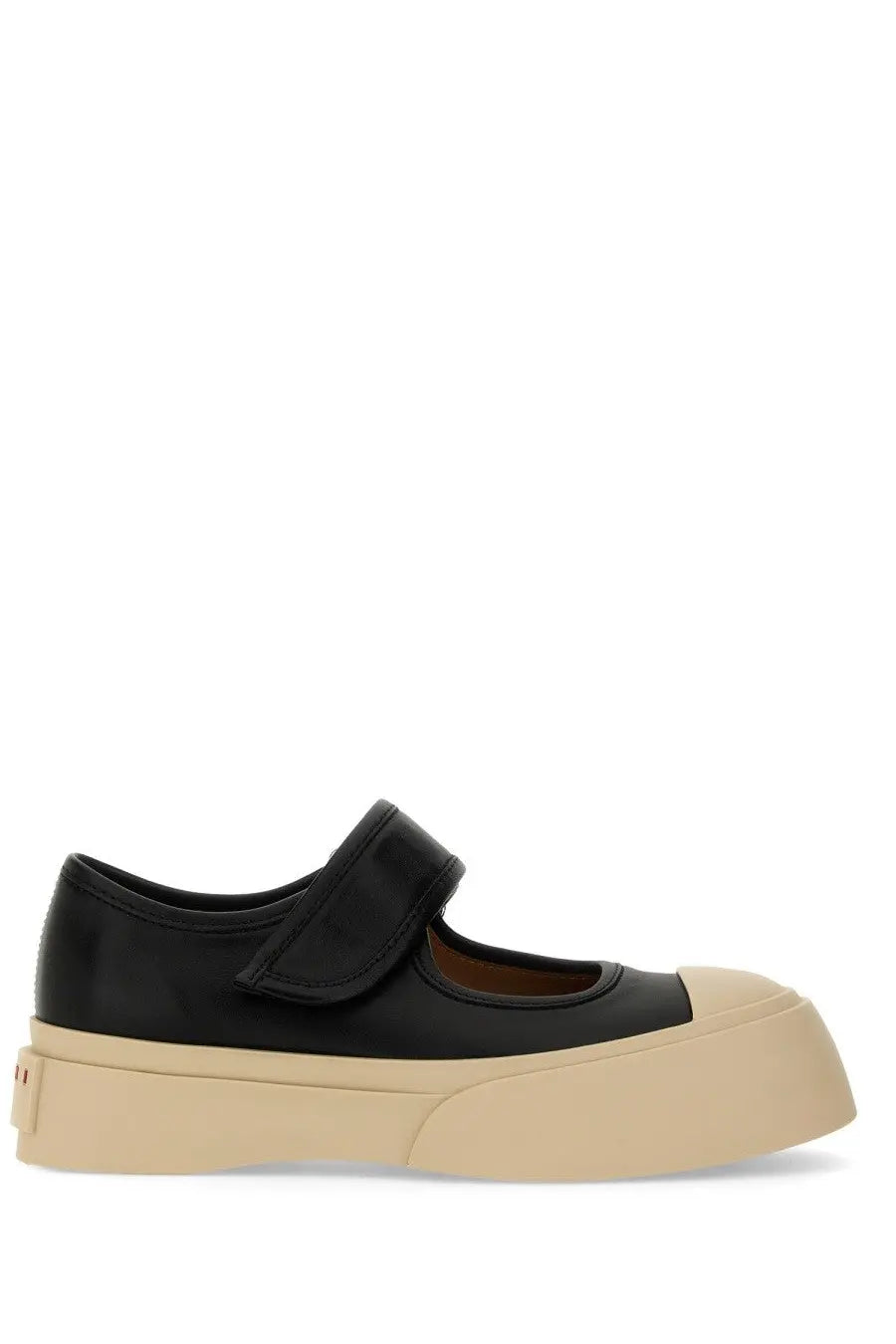 Marni women’s black leather mary jane sneaker with beige platform sole and velcro strap