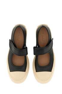 Marni women’s black leather mary jane sneaker with cream rubber sole and velcro strap closure