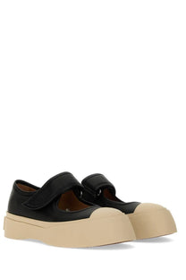 Marni women’s mary jane sneaker in black leather with beige platform soles and velcro straps