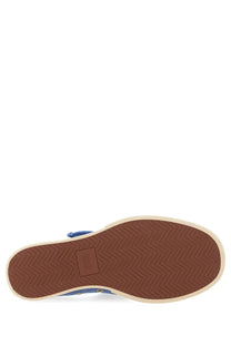 Marni women’s mary jane sneaker in blue canvas with brown zigzag rubber sole and white trim slip-on design