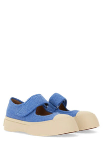 Marni women’s blue denim canvas mary jane sneaker with beige rubber sole and velcro straps