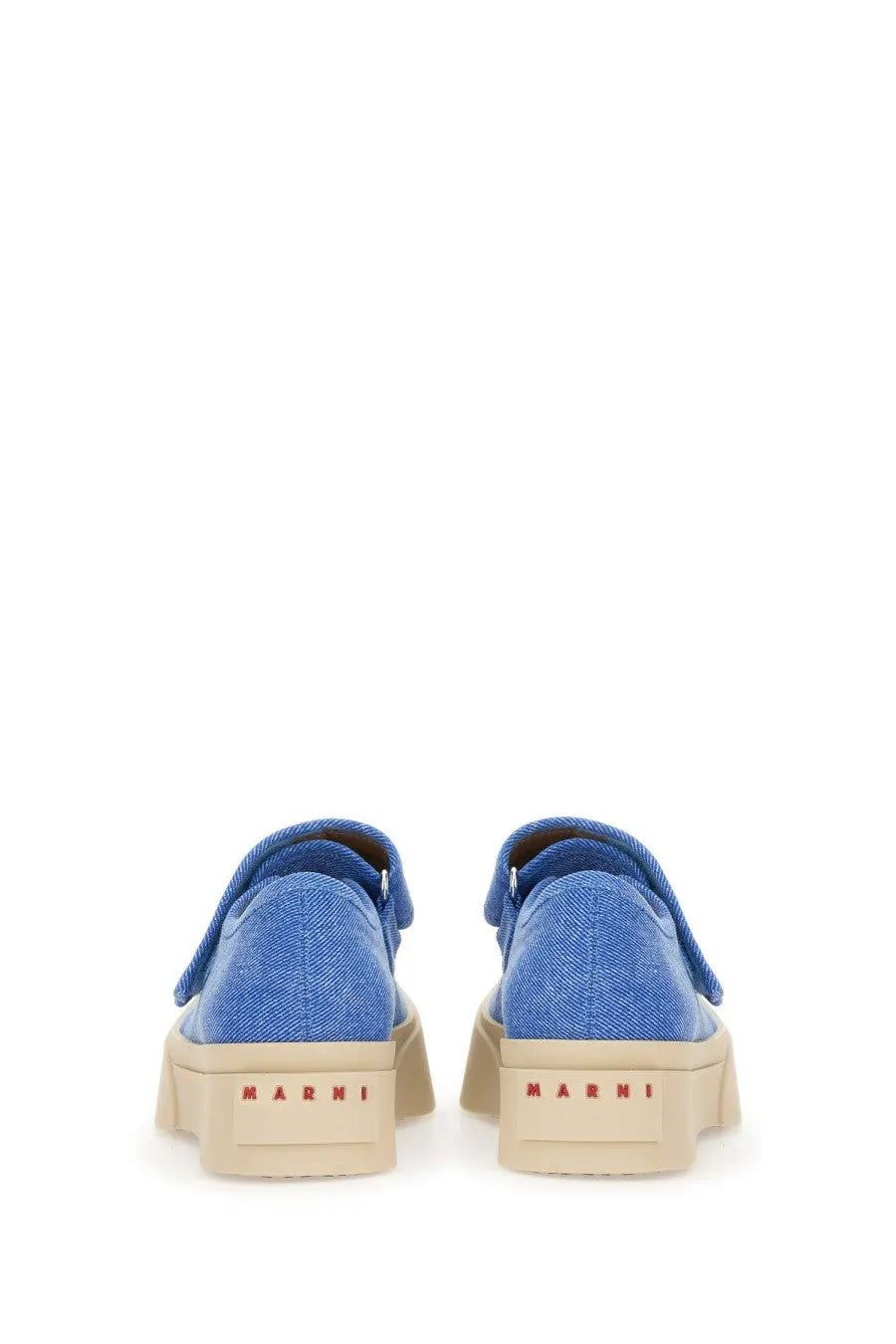 Back view of marni women’s mary jane sneaker in blue denim canvas with beige rubber soles and red marni branding on heel