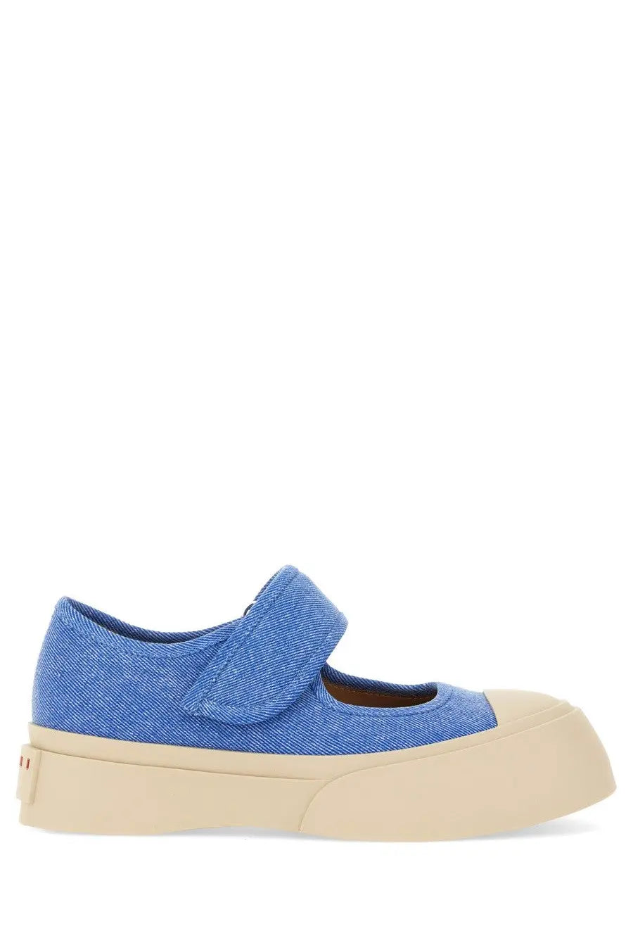 Marni women’s blue denim mary jane sneaker with beige rubber sole and velcro strap platform shoe